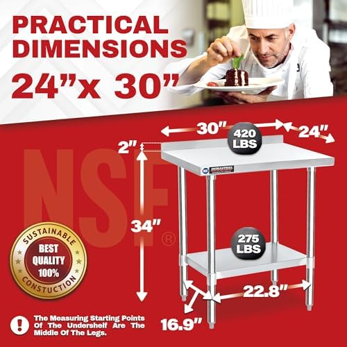 DuraSteel NSF Commercial Kitchen Table - 24 x 30 Inch Cooking Prep Stainless Steel Kitchen Island Workstation w/ Adjustable Under Shelf - Heavy Metal Backsplash Workbench For Restaurant, Home, Garage - Image 3