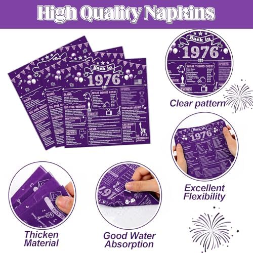 96PCS 50th Birthday Party Paper Plates and Napkins Set for Retro 50 Years Old Party Purple Paper Plates Disposable Decor Back in 1976 Parties Set for Kids Birthday Gatherings Decorations - Image 4