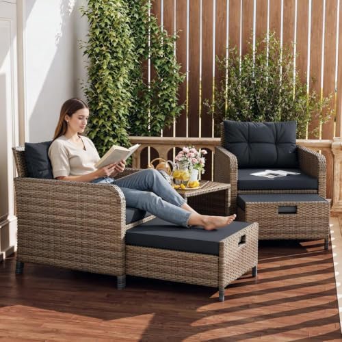 LHBcraft 5 Piece Patio Furniture Set, PE Wicker Outdoor Furniture Set with Soft Cushions & Coffee Table, Outdoor Lounge Chairs with Ottoman for Porch, Lawn, Balcony, Sand-Black by LHBcraft-US