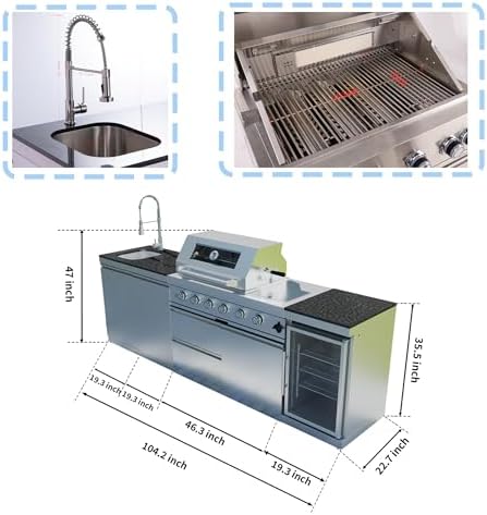 104-Inch 4 Burner 72000 BTU Stainless Steel Outdoor Kitchen Bar, 4 Units Modular Propane Gas BBQ Island Grill (Free Combination) with Wine Cooler, Refrigerator, Granite Countertops & Storage, Silver - Image 5
