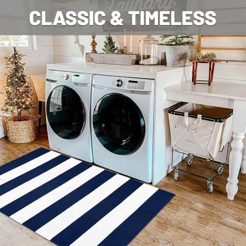 IOHOUZE 3x5 Striped Area Rug, Washable Front Porch Doormat, Navy/White - Image 4