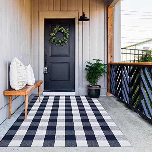 MUBIN Cotton Buffalo Plaid Rug, 4' x 6' Navy Blue White Outdoor Rug Decorative Mat, Washable Large Doormat Hand-Woven Foldable Area Rug for Outdoor Patio Indoor Living Room Dining Room Kitchen - Image 4