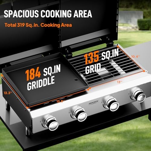 ROVSUN 2-in-1 Propane Gas Grill and Griddle Combo with Lid, 4 Burner Tabletop Flat Top Griddle & Grill with 40000BTU Output, Auto Ignition, Enamel Grate for Outdoor Backyard BBQ Cooking - Image 3