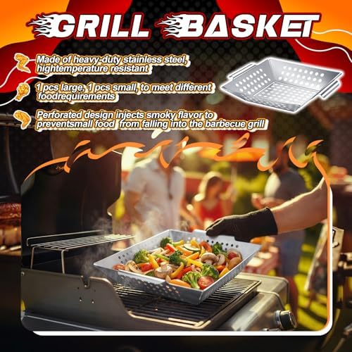 Mifoci 4 Pcs Grill Baskets for Outdoor Grill 14.17'' 9.65'' Extra Large Heavy Duty Stainless Steel Vegetable Grilling Basket with Handles for Veggies BBQ Accessories Smokers Camping Men Gifts, 2 Sizes - Image 3
