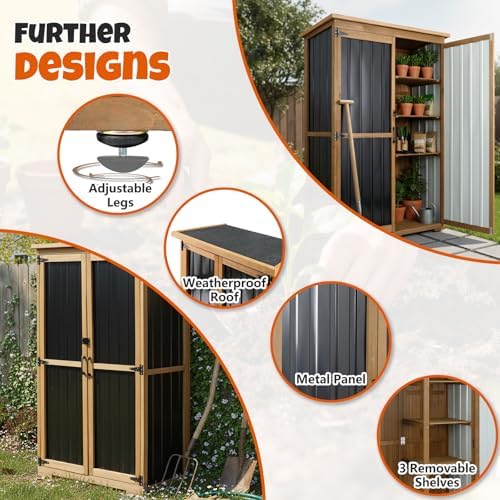 Outdoor Storage Cabinet with Shelves, Wood & Metal Storage Shed with Weatherproof Roof, 3 Removable Shelves, Lockable Doors, Adjustable Feet, Outside Storage Cabinet for Garage, Patio, Backyard - Image 6