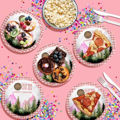 One Happy Camper Girl's First Birthday - 32 Piece Disposable Party Supplies - Decorations for Camping 1st Birthday Round Party Plates - Large 9" Paper Plates In Bulk - Image 4
