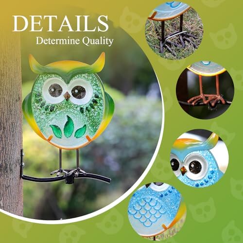 Owl Garden Decor Set of 3 Metal Glass Stand Tree Hugger Fence Outdoor Stake - Image 5
