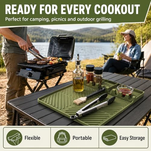 Silicone Griddle Tools Mat for Blackstone Weber, Extra Large 16" x 11.6" Spatula Mat with Drip Pad, Heat Resistant BBQ Accessories Organizer for Outdoor Grill Side Shelf, BBQ Gifts for Men - Image 7
