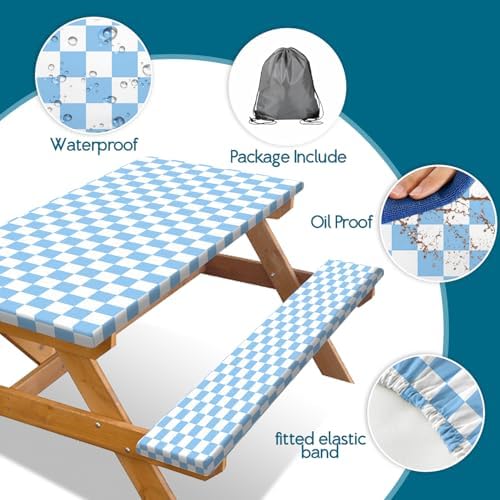 Picnic Table Cover with Bench Covers and Bag, Blue and White Checkered Gingham Buffalo Plaid Camping Tablecloth Waterproof Windproof Elastic Edges Fitted Tablecloths for Outdoor Garden 3PCS 30x60 Inch - Image 6