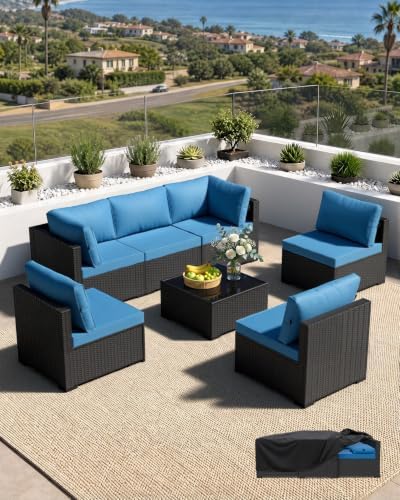 Patio Furniture Set - All-Weather - 7 Piece Patio Outdoor Conversation Set, Modular Wicker Rattan Sectional Sofa for Backyard, Garden, Poolside, Balcony, Porch, Patio,Black/Navy Blue by Unknown