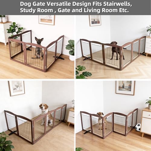 ZJSF Freestanding Dog Fence Indoor, Foldable Dog Gate for Doorways, Stairs or Hallways, Sturdy Wood Extra Wide Pet Gate with Support Feet for The House, Brown, 24 "Height-6 Panels - Image 4