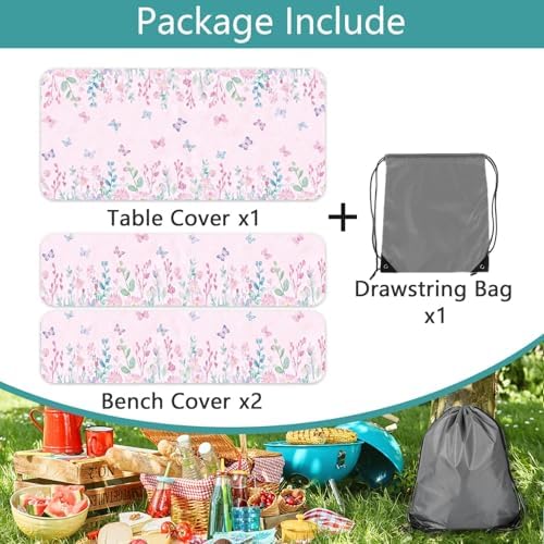 Butterfly Picnic Table Cover with Bench Covers, Camping Essentials, Flower Leaf Plant Waterproof Windproof Table Cover, Fitted Tablecloth Cover with Elastic Edge, for Indoor & Outdoor 3 PCS 30x72 Inch - Image 7