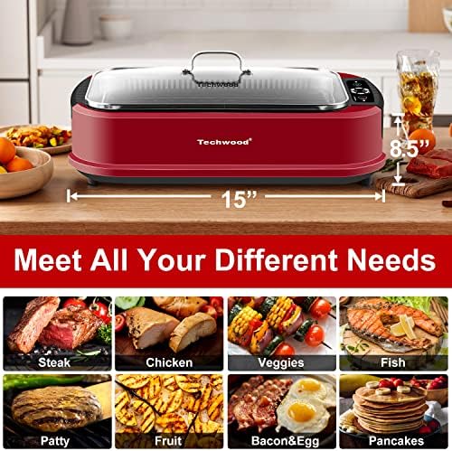 Indoor Smokeless Grill, Techwood 1500W Electric Indoor Grill with Tempered Glass Lid, Portable Non-stick Korean BBQ, Turbo Smoke Extractor Technology, Drip Tray& Double Removable Plate, Red - Image 2