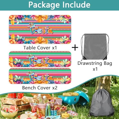 Mexican Fiesta Picnic Table Cover with Bench Covers, Cinco de Mayo Fiesta Waterproof Windproof, Camping Essentials, Fitted Tablecloth Cover with Elastic Edge, for Garden & Outdoor, 3 PCS, 30x72 Inch - Image 7