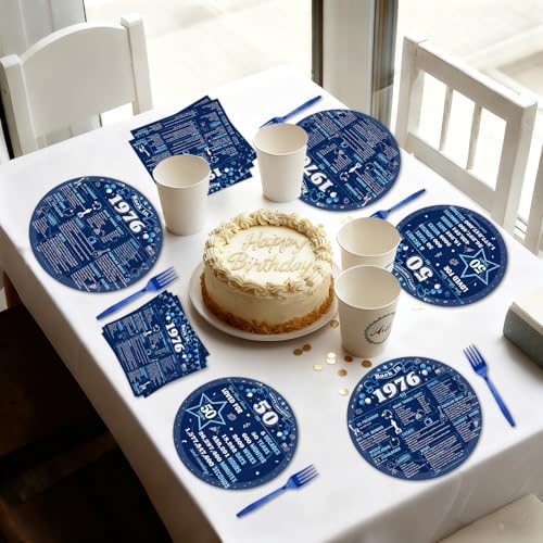 96Pcs 50th Birthday Party Paper Plates and Napkins 50th Birthday Supplies for Men and Women Disposable Dessert Plates Back in 1976 Blue Silver Tableware 1976 Birthday Gatherings Decorations - Image 5