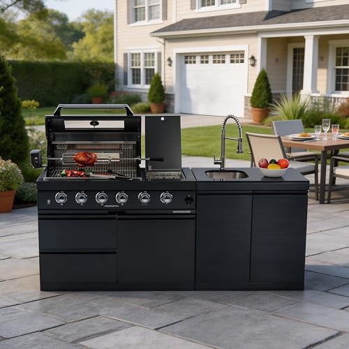 79-Inch 4-Burner 72000 BTU Propane Outdoor Kitchen Island Grill with Round Side Burner, Rotisserie Kit, Granite Countertops & Sink, for Patio, Lawn, Backyard, Black - Image 4