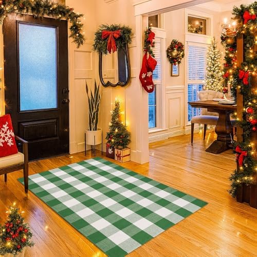 Christmas Green & White Plaid Rug - 4' x 6' Outdoor Front Door Decor Mat Cotton Washable Hand-Woven Rug Christmas New Year Holiday Porch Entryway Layered Doormat - Image 4