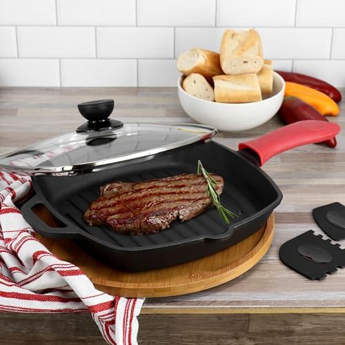 Megachef 10.4 Inch Pre-Seasoned Cast Iron Griddle with Tempered Glass Lid - Image 7