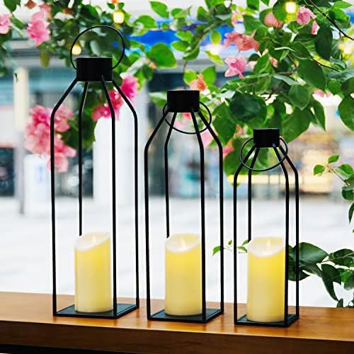 HPC Decor 22'' 19'' 16'' Lanterns Decorative w/Flickering Timer Candles- Tall Large Black Metal Candle Lanterns Set of 3- Modern Farmhouse Decor for Indoor,Outdoor,Tabletop,Porch (No Glass) - Image 4