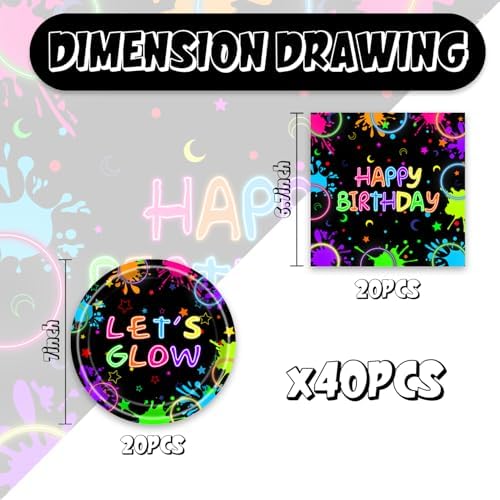 40pcs Neon Party Supplies,Neon Party Decoration Supplies,Used for Glow In The Dark Party Decoration,Include 20 dinner plates,20 Napkin - Image 2