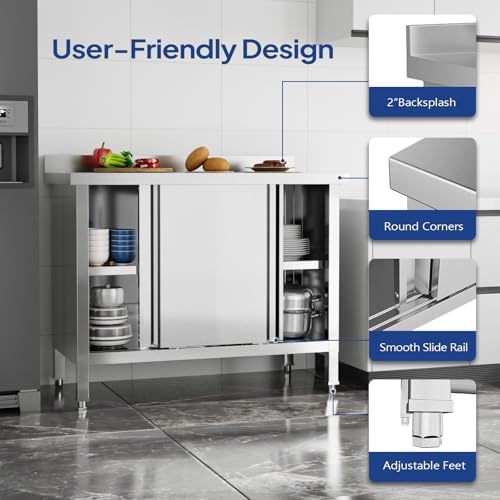 ROVSUN Stainless Steel Table with Cabinet 39" x 19",Commercial Pre Table with Backsplash, Heavy Duty with 2 Sliding Doors, Large Space Storage for Kitchen Restaurant Hotel Garage Warehouse - Image 7