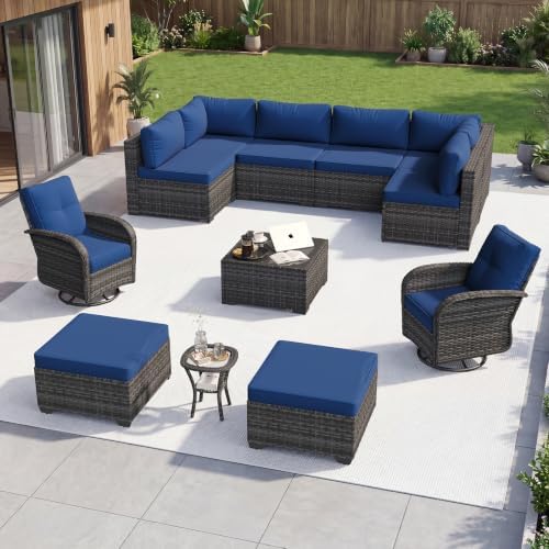 Aoxun 12 Piece Outdoor Patio Furniture Set with Coffee Table, Wicker Rattan Outdoor Furniture with High Back Swivel Rocker Chairs, Outdoor Conversation Set with Thick Cushion & Ottoman, Navy Blue by Aoxun