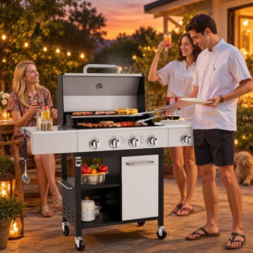 HUGROVE 4-Burner 50000 BTU Propane Gas Grill with Side Burner (Silver) - Image 2
