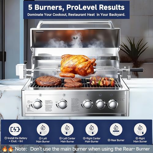 BODEGA 30 Inch Propane Gas Grill, 4x12000-BTU Gas Grill & 1x10000-Infrared Back Burner, Stainless Steel 5-Burner Propane Grill for Outdoor Kitchen, Rotisserie Chicken Fork Kit | Backyard BBQ, Camping. - Image 5