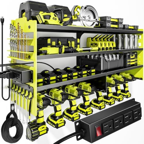POKIPO Upgrade Power Tool Organizer Wall Mount with Charging Station,4 Layer Heavy Duty Metal Storage Rack Loads 600lbs with 8 Cordless Drill Holder,4 Outlet Power Strip Battery Utility Rack for Man by POKIPO