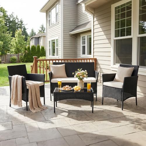 DUMOS 4-Piece Patio Furniture Set Outdoor Wicker Conversation, Black - Image 2