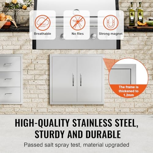 VEVOR BBQ Access Door, 26W x 24H Inch Double Outdoor Kitchen Door, Stainless Steel Flush Mount Door, Wall Vertical Door with Handles, for BBQ Island, Grilling Station, Outside Cabinet, Silver - Image 3
