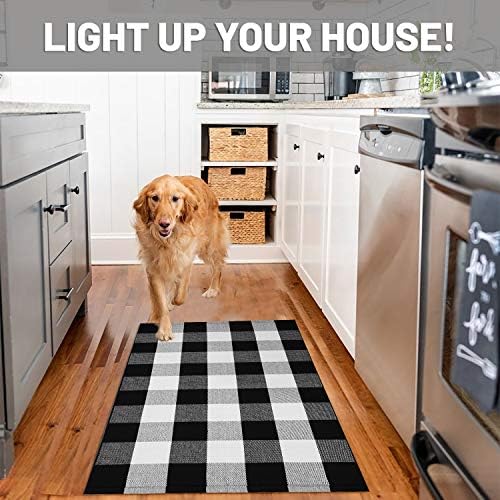 IOHOUZE 27.5x43 Buffalo Plaid Rug, Washable Front Door Mat, Black White - Image 4