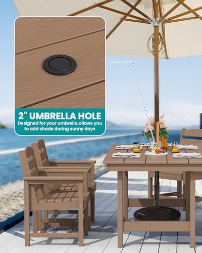 SERWALL 7 Pcs Outdoor Dining Set, 67" HDPE Dining Set for 6, Brown - Image 3