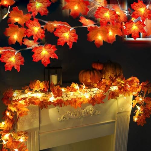 Fall Decor 2 Pack Fall Garland with Lights Enlarged Maple Leaves 20Ft 40LED by TURNMEON