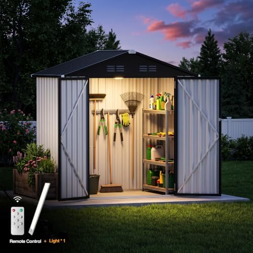 6 x 4 FT Outdoor Storage Shed, Waterproof Metal Garden Tool Shed with Gable Sloped Roof, Magnetic Light, Lockable Door & Air Vents for Backyard Patio Lawn, White - Image 3