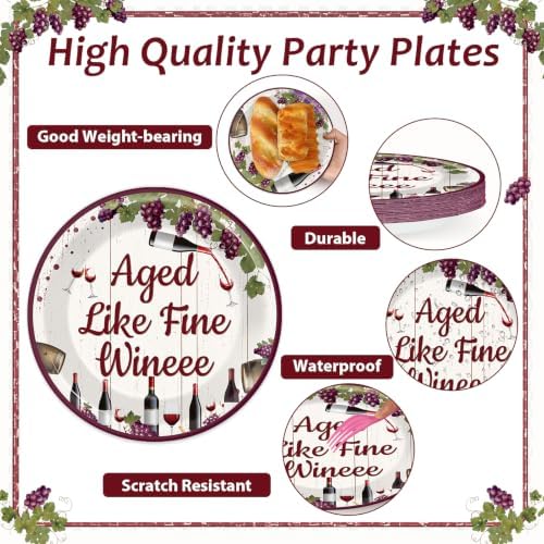 48 Pcs Red Wine Party Plates Supplies Aged Like Fine Wine Party Decorations Paper Plates Aged To Perfection Tableware Set for Women Girls Bridal Shower Anniversary Bachelorette Table Decor for Guests - Image 3