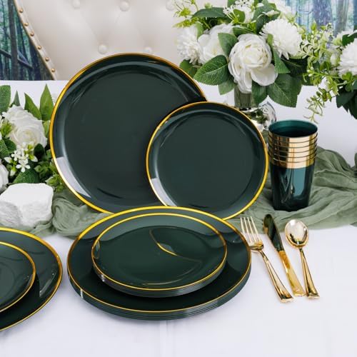 LIYH 180Pcs Green Plastic Plates, Gold Silverware Dinnerware Sets For Party - Image 4