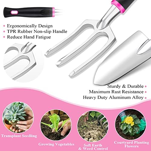 Pink Garden Tool Set Gardening Items for Women - 24PCS Heavy Duty Garden Tools with Detachable Storage Bag, Succulent Tool Set, Weeder - Image 4