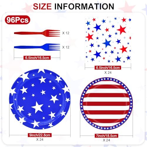 96 Pieces 4th of July Tableware Set – Patriotic Stars and Stripes Disposable Plates, Napkins, and Forks for Independence Day Party, BBQ, Picnic, and Memorial Day Celebrations – Serves 24 Guests - Image 2