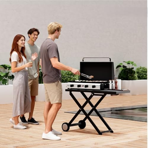 Bonnlo Foldable Flat Top Grill with 4 Burner & Lid, Powerful 40,000 BTU Propane Gas Grills with Ignition, Enamel Griddle, Side Shelf & Portable Cart with Wheels for Outdoor Camping Hibachi Grill Use - Image 7