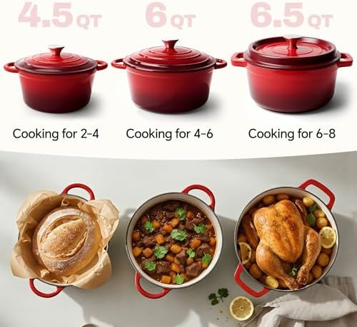 6 Quart Dutch Oven Pot with Lid, Non Stick Enameled Cast Iron Dutch Oven for Bread Baking, Heavy-Duty, Oven Safe Ceramic Cookware Up to 500°F for Baking, Braising, Stews, Roasting, Red - Image 3
