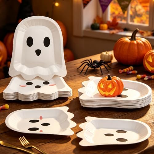 FOIMAS 50 Pcs Halloween Paper Plates, 9.84 Inch Cute Ghost Disposable Plates Spooky Boo Dessert Dinner Plate Tableware for Baby Shower Halloween Party Supplies Birthday Table Decor,White - Image 3