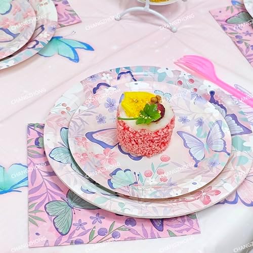 Pink Purple Butterfly Birthday Disposable Plate AndPaper Napkin Combination - Image 6