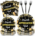 96PCS Dispatch Appreciation Week Party Paper Plates and Napkins Thank You Party Decor Black Gold Work Anniversary Tableware for Staff Employee Party Gatherings Decorations by Oitnlaughter