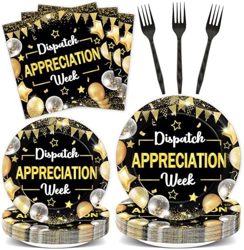 96PCS Dispatch Appreciation Week Party Paper Plates and Napkins Thank You Party Decor Black Gold Work Anniversary Tableware for Staff Employee Party Gatherings Decorations by Oitnlaughter