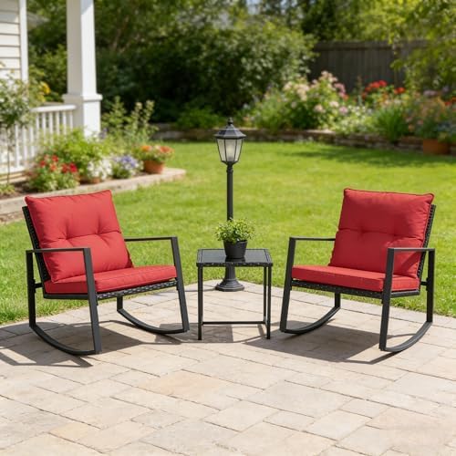 SUNCROWN 3 Piece Outdoor Rocking Bistro Set Black Wicker Furniture Porch Chairs Conversation Sets with Glass Coffee Table, Red - Image 4