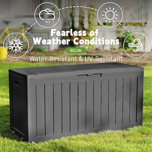 ROJIK Outdoor Storage Housing Deck Box - Waterproof Patio Furniture, Garden Tools, Cushions, Pool Accessories Storage Bench with Lockable Lid and Side Handles (Black 76 Gal) - Image 6