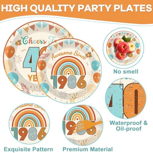 96Pcs Boho 40th Party Paper Plates and Napkins 50th Birthday Party Decorations Blue Back in 1986 Paper Plates Cheers to 40 Years Disposable Tableware for Women Men Birthday Gatherings Decorations - Image 3