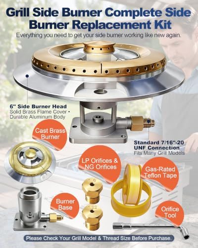 BBQ Grill Side Burner Replacement Kit, 6" Side Burner Head, Burner Base, LP/NG Orifices & Tool &, for Single/Double Outdoor Kitchen Burners, for Lion/Blaze/Sunstone/Summerset/Jenn Air Built-In Grill - Image 2
