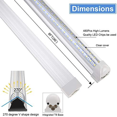 Henwsi 8FT LED Shop Light Fixture, White 10 Pack T8 Integrated Tube Lights, 72W 9500LM 6500K High Output Clear Cover, V Shape 270 Degree Lighting for Garage Warehouse, Upgraded Lights Plug and Play - Image 3